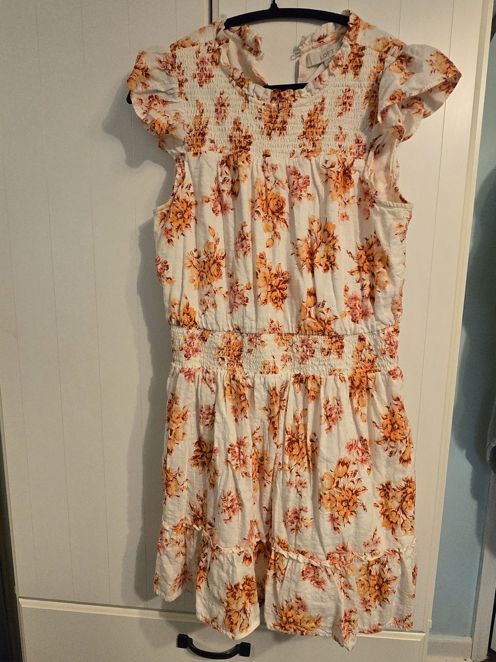 LOFT Cottage Core White Dress with Orange, RED, Yellow Floral Print